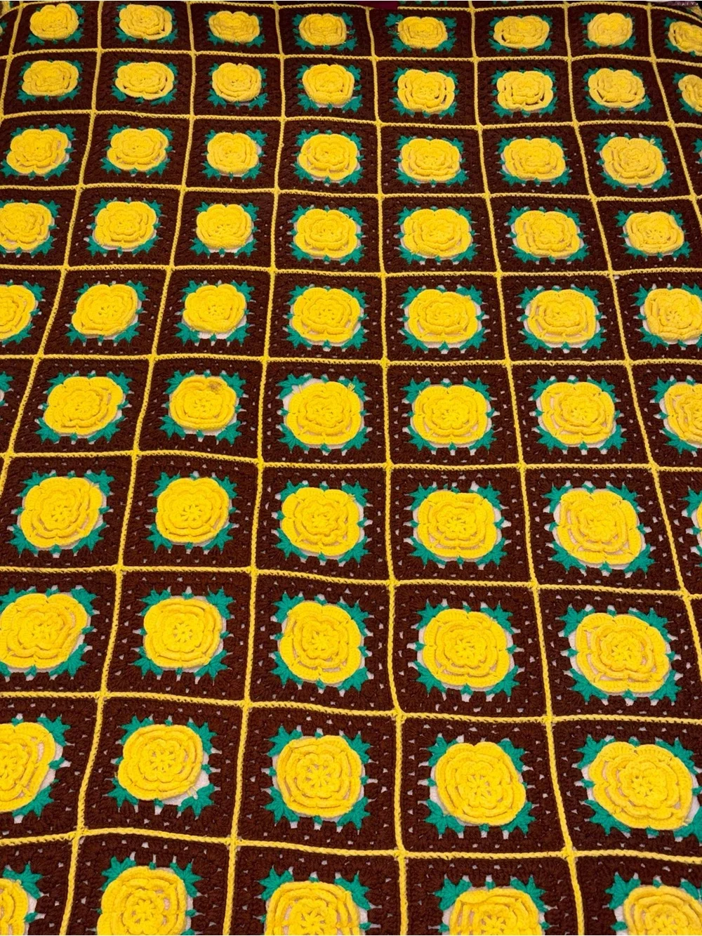 Handmade 3D Floral Crochet Throw Blanket - Yellow and Brown